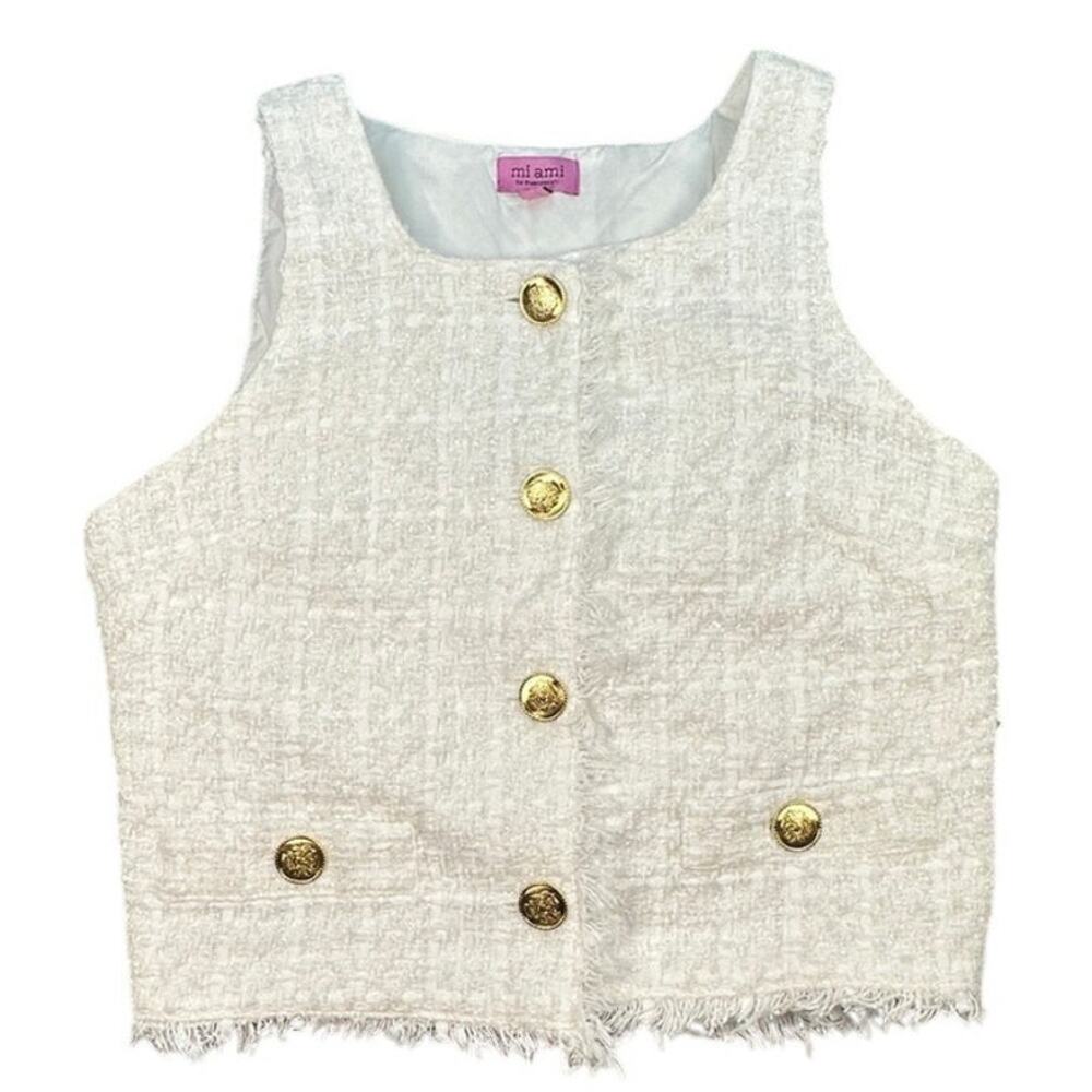 Francesca's Mi Ami Tweed Crop Vest Top Frayed Hem Gold Button